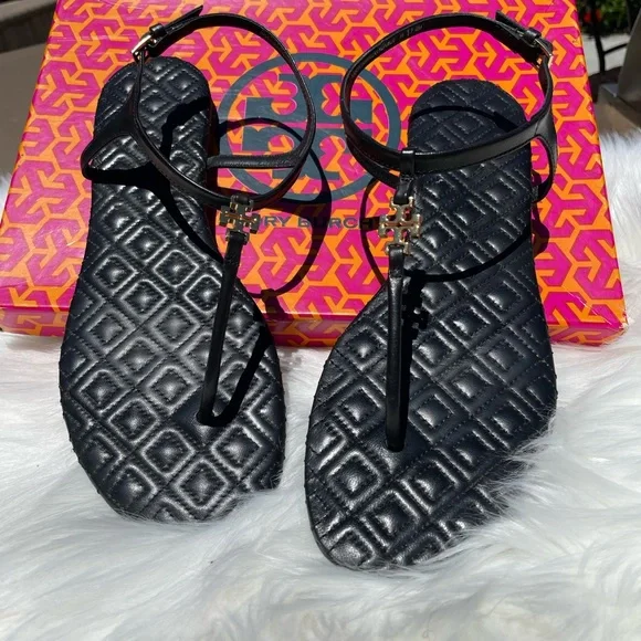 Tory Burch Marion Quilted Vegan Quilted Leather Sandals Black Size